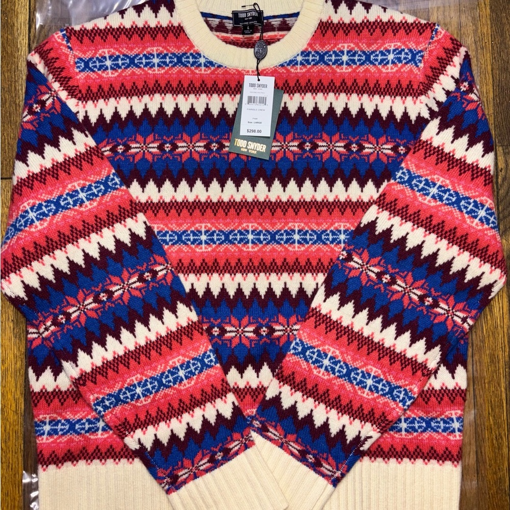 Todd Snyder Fair Isle Striped pink Sweater 100% Wool Crewneck Size Large NWT
